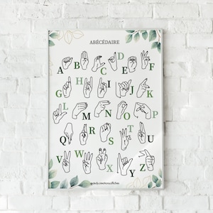 Abécédaire langue des signes en français, affiches éducatives, pédagogiques en français : abécédaire, alphabet, signs - Fond décoratif