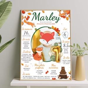 Affiche personnalisée premier anniversaire - joyeux anniversaire - animaux forêt automne - renard - fox - ours - first birthday