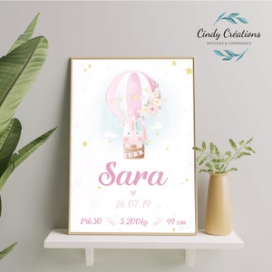 Affiche de naissance personnalisée licorne - Unicorn - bébé souvenir - animaux - ballon montgolfière - fleurs - rose - baby shower - poster
