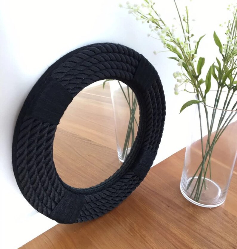 Round Wall Mounted Black on Black Rope Mirror Coastal Theme Etsy