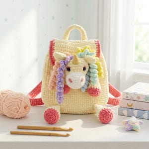Virkmönster för enhörningsryggsäck, amigurumi-väska i PDF-format, handledning för regnbågshästryggsäck, guide till plyschdjursväska, gör-det-själv-födelsedagspresent till småbarn
