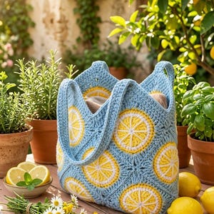 Patrón de bolso de limón a crochet, guía en PDF del bolso cuadrado de la abuela, tutorial de bolso de frutas cítricas, patrón de bolso de hombro de verano, patrón de bolso de frutas a crochet