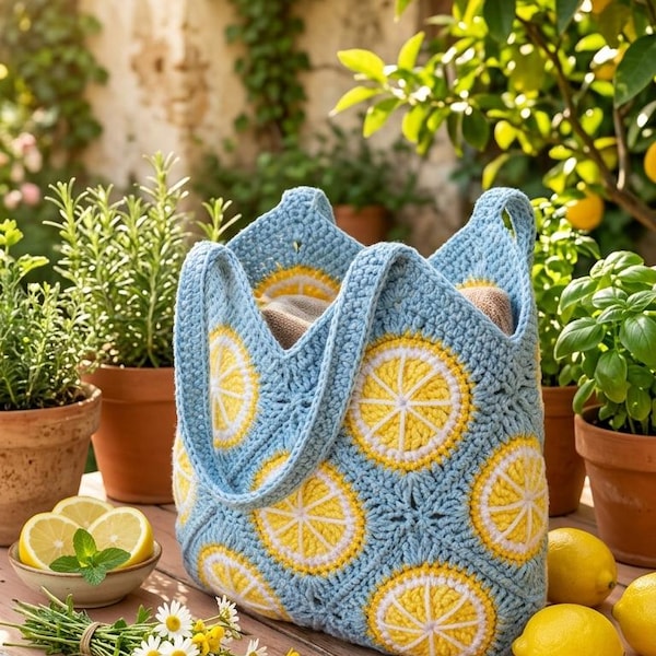 Crochet Lemon Bag Pattern, Granny Square Tote PDF Guide, Citrus Fruit Purse Tutorial, Summer Shoulder Bag Pattern, Crochet Fruit Bag Pattern