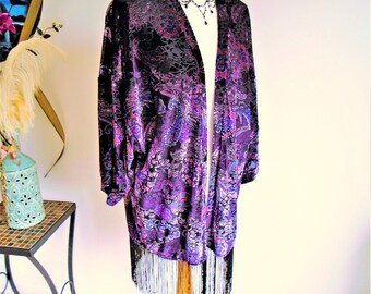 Veste de mariée kimono en velours immaculé à franges violet gothique noir 16