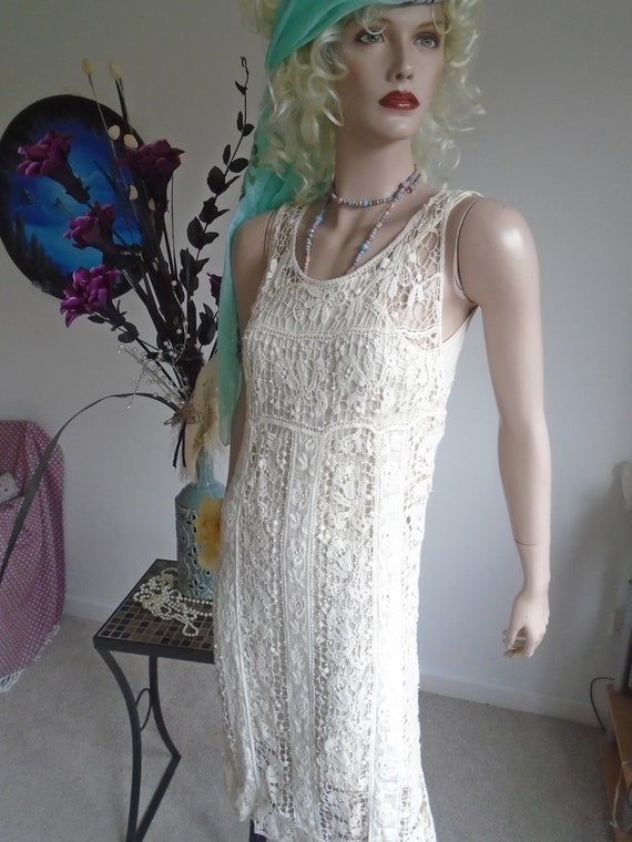 Vintage Hippie Crochet Long Dress Cream Beach Wedd