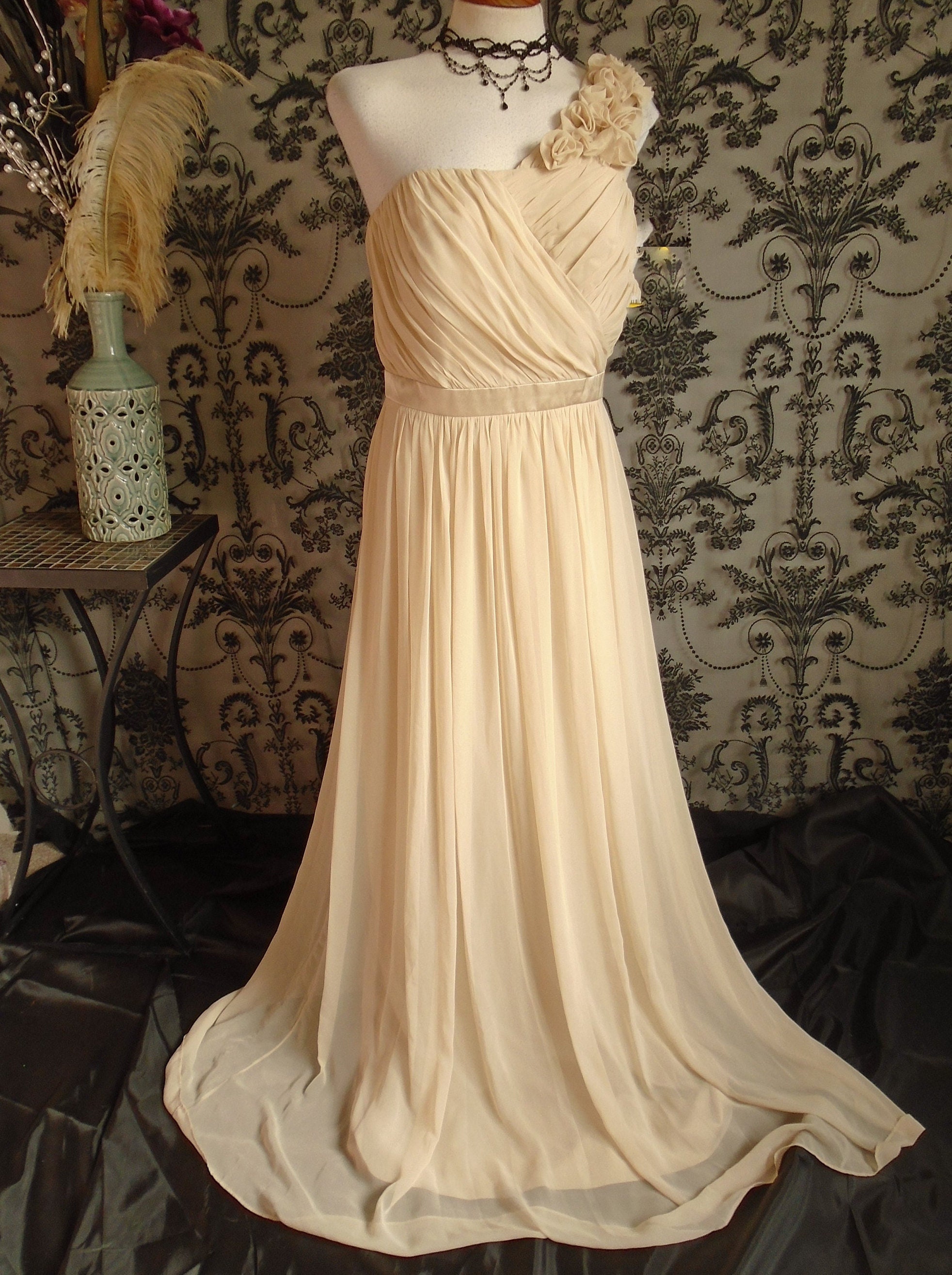 Long one shoulder crinkle chiffon clearance dress