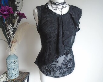 Blusa gótica de chal rosa negra Devore Sheer Satin Vintage Whitby Steamwitch 10