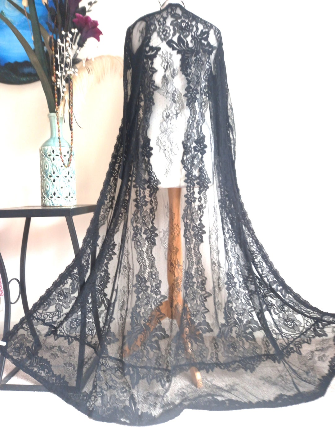 Gothic Black Lace WEDDING JACKET Duster Coat KIMONO Maxi Loose Woven ...