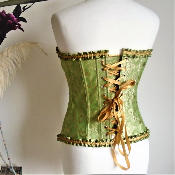 Victorian Steampunk Wedding Lace Up Corset Jacquard Green Gold Satin Burlesque Party sz 6