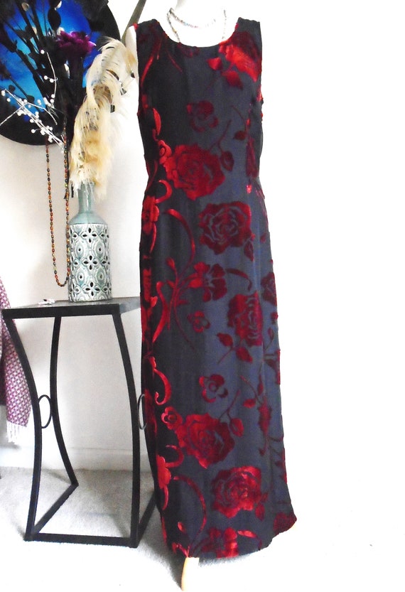 LAURA ASHLEY Velvet Dress Devore Silk Red over Bl… - image 2
