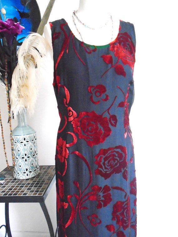 LAURA ASHLEY Velvet Dress Devore Silk Red over Bl… - image 4