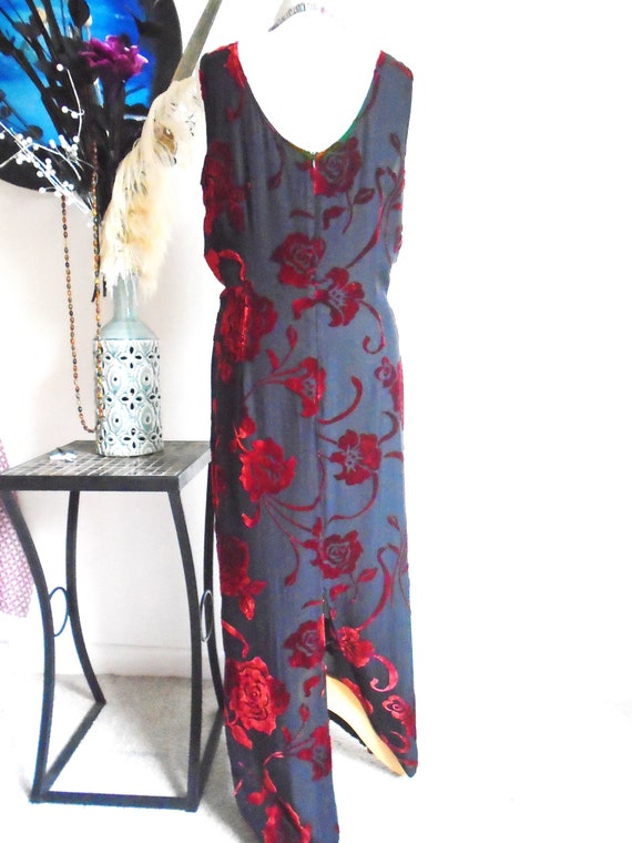LAURA ASHLEY Velvet Dress Devore Silk Red over Bl… - image 6