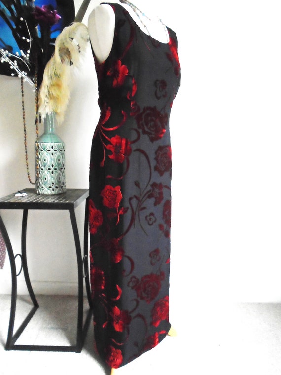 LAURA ASHLEY Velvet Dress Devore Silk Red over Bl… - image 3
