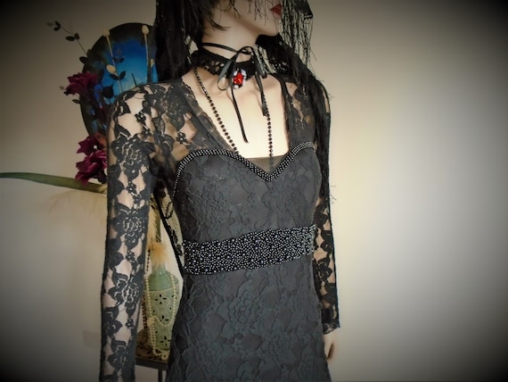 GOTHIC WEDDING Black Fishtail Dress Bustier Beade… - image 7
