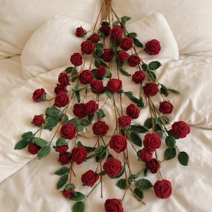 May include: A cascade of handmade crochet roses in deep red, with green leaves and brown stems. The floral arrangement is artfully displayed against a white background, creating a striking contrast. The roses are clustered together, creating a beautiful display.