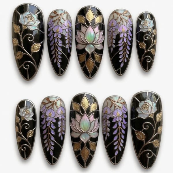 Black Stained Glass Press On Nails | Lotus Wisteria Floral Nails | Gothic Rose Nails | Long Almond Nails | Luxury Custom Nails