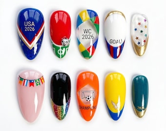 WC 2026 Soccer Press On Nails | USA Champion Fake Nails | 3D Soccer Ball Charm | Clear Base Sports Manicure | Flag Bunting Nail Art