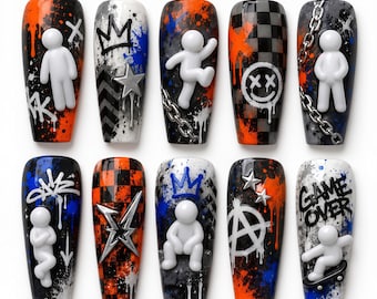 Graffiti Press On Nails | 3D Figure Chain Nails | Orange Blue Black Coffin Nails | Street Art Y2K Custom Nails