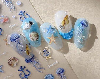 3D Ocean Jellyfish Nail Stickers, Realistic Seashell Starfish Decals, Mermaidcore Nautical Nail Art