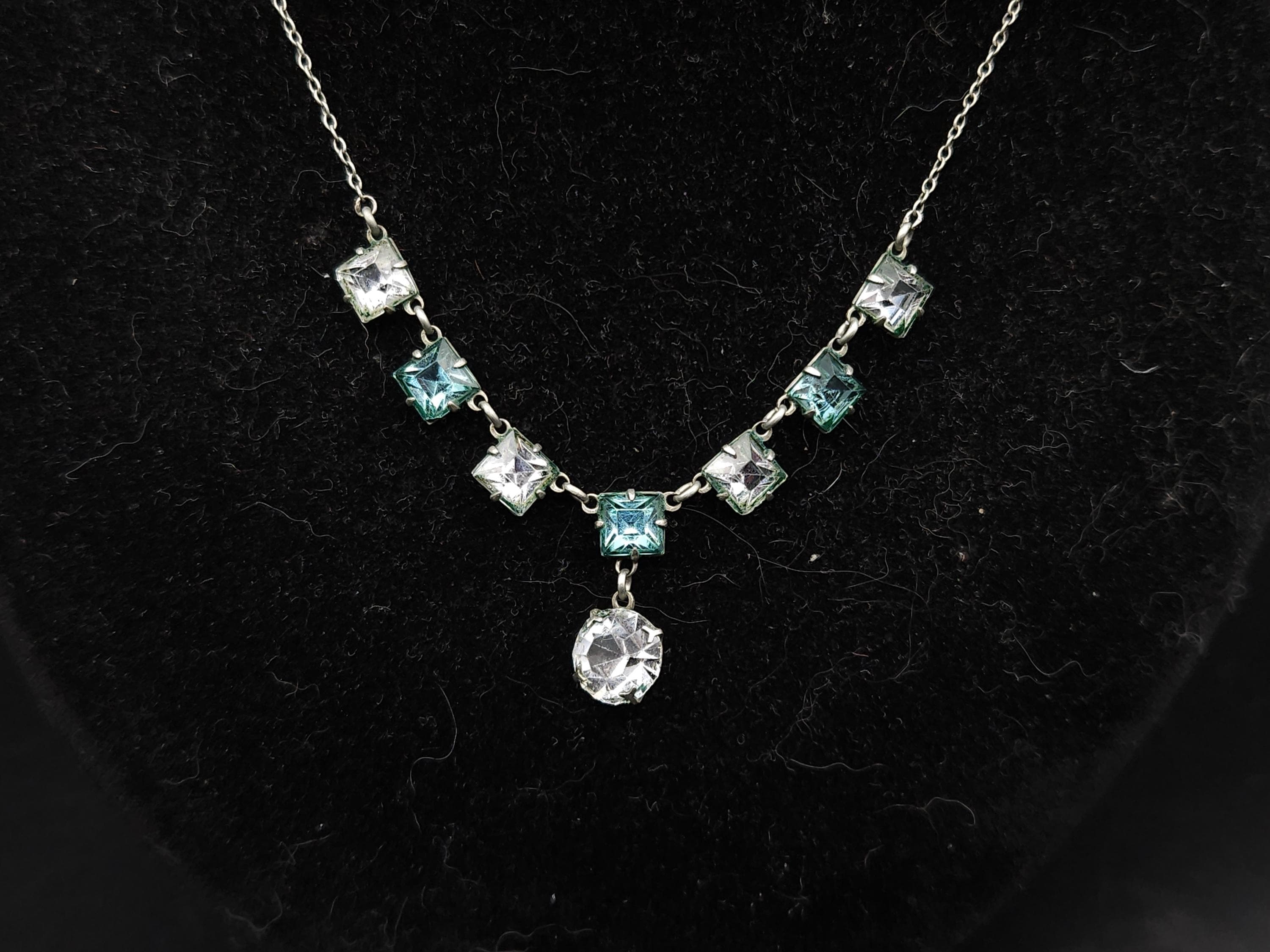 Antique 1930s Art Deco Czech Aquamarine & Clear Open Back Glass