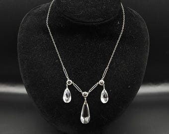 Antique Silver 1930s Art Deco Czech Glass Drop Dropper Necklace Open Back Glass Accents Lariat 4.2g