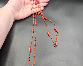 Antique 1930s Art Deco Red Italian Splatter Glass Flapper Longer Length Necklace 150cm