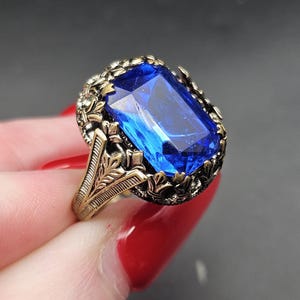 Antique 1930s Art Deco Blue Czech Glass Statement Ring Adjustable Size