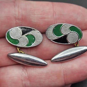Antique 1930s Art Deco Green & Black Enamel Fancy Chain Linked Cufflinks Gilt