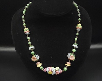 Antique 1930s Art Deco Czech Pressed  Glass Flower Necklace Pastel Including UV Beads