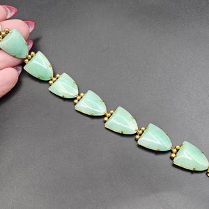 Antique 1930s Art Deco Czech Peking Glass Panel Bracelet Faux Jade Brass Accents
