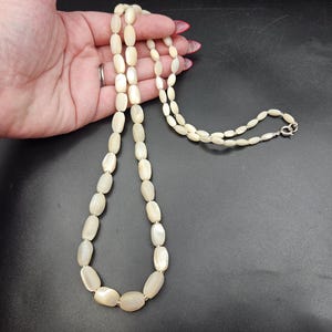 Antique Edwardian to 1930s Art Deco Longer Length Mother of Pearl Balamuti Oval Graduated Beaded Necklace Clear Glass Spacers 51.3g 81cm