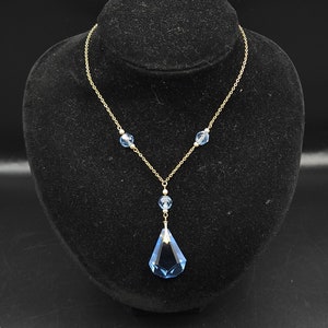 Antique Edwardian to Art Deco Signed Ward Brothers Blue Faceted Glass Drop Necklace Faux Seed Pearl Accents