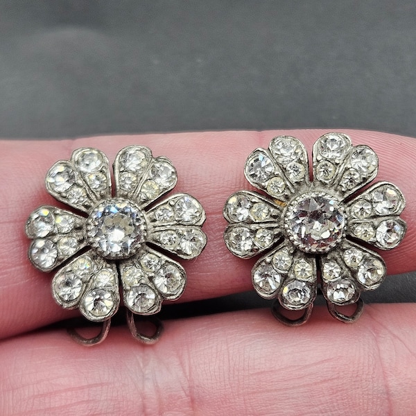 Antique French 1930s Art Deco Paste Very Sparkly Clip Cluster Flower Earrings