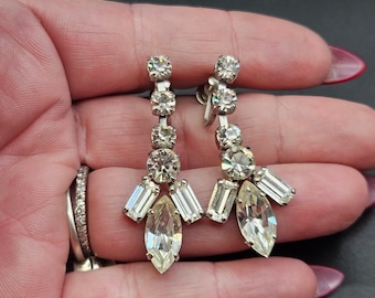 Antique 1930s Art Deco Bright Clear Paste Drop Earrings Clear Baguette Marquise & Round Stones Screwback