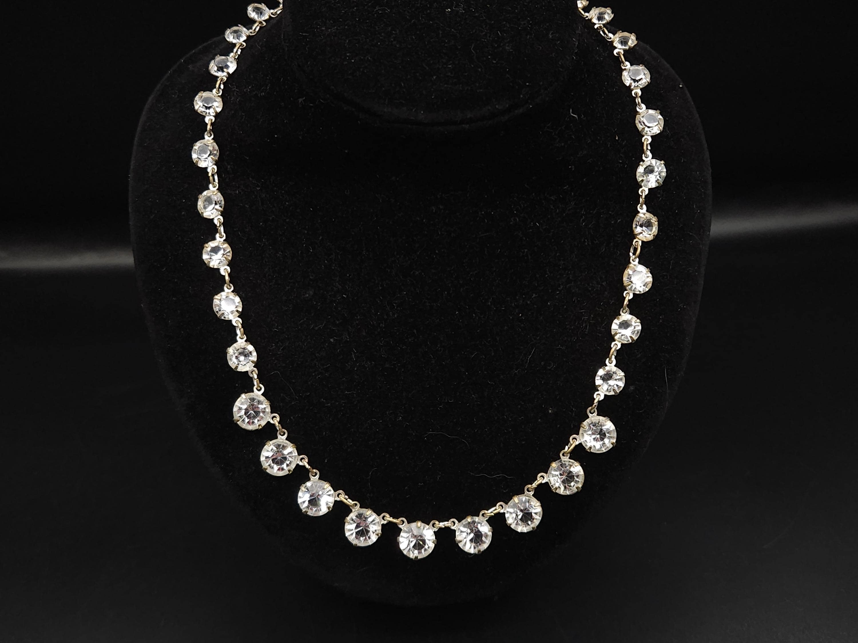 Antique 1930s Art Deco Czech Open Back Glass Graduated Riviere Necklace Clear Stones Crystal