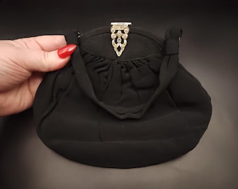 Antike 1930er Jahre Art Deco schwarze Seide Abendtasche mit Paste Verschluss