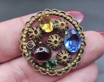 Broche Ancienne Style Art Déco Des Années 1930 - Métal Argenté Avec Brillants - Bijou Fantaisie Occasion