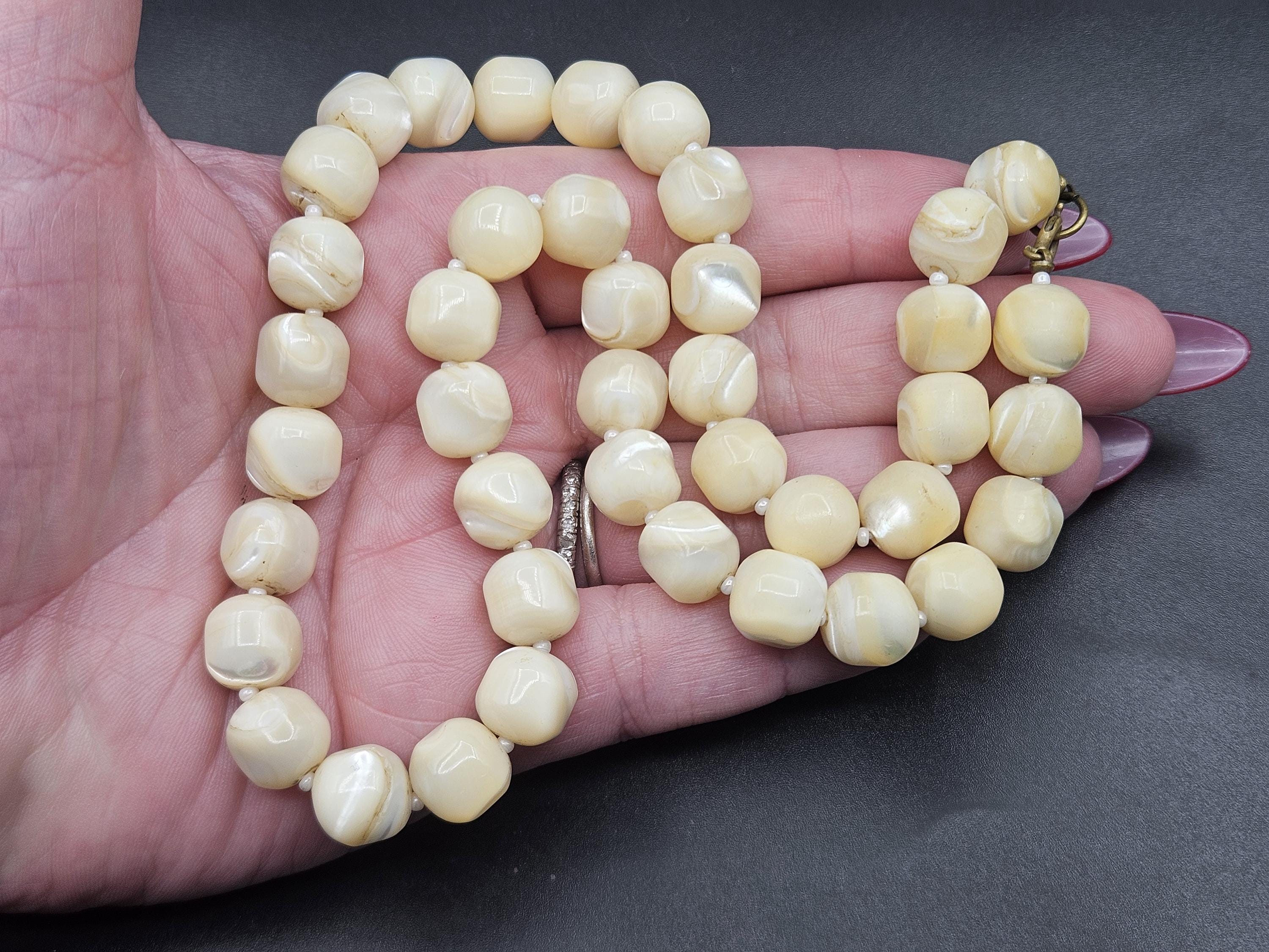 Antique Victorian Carved Mother Of Pearl Beaded Necklace 70g