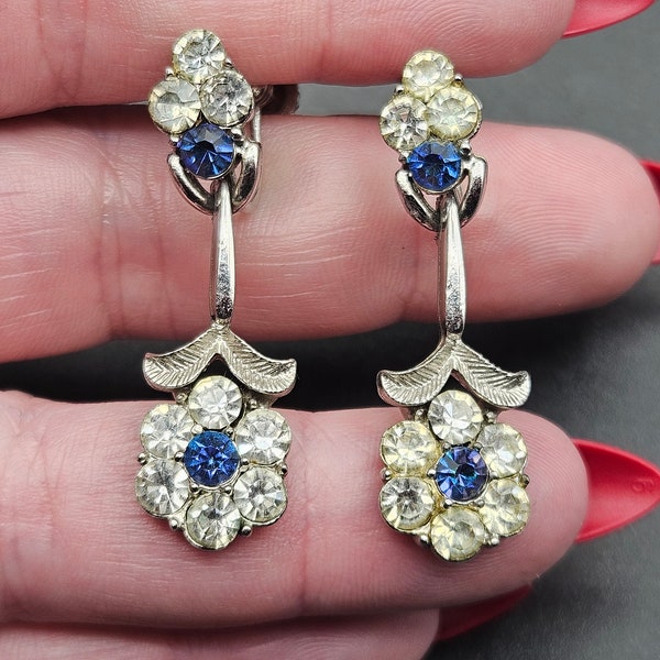 Antique 1930s Art Deco Blue & Clear Paste Flower Drop Earrings