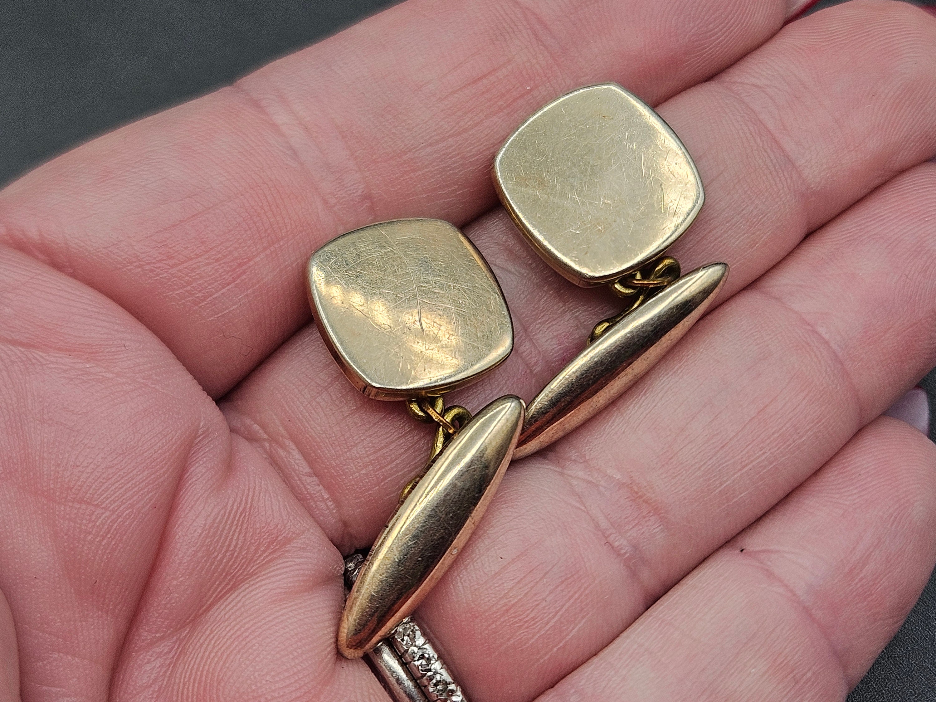 Boutons De Manchette Anciens En Or 14 Carats - Style Édouardien Carré Gravé, état Correct
