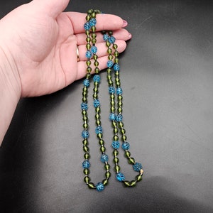 Antique Art Deco Pressed Blue Glass & Round Blue Bead Necklace