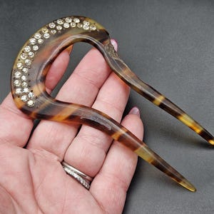 Antique Edwardian to 1930s Art Deco Paste Torty Celluloid Two Prong Hair Comb Bun Chignon Pin