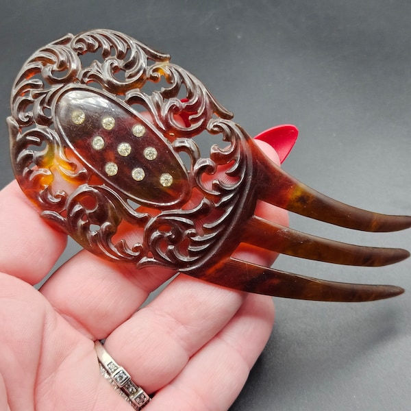 Antique Art Nouveau Edwardian Paste Torty Celluloid Ornate Hair Comb Stick Chignon Pin