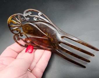 Antique Edwardian to 1930s Dark Torty Carved Celluloid Hair Comb Chignon Bun Pin Mantilla Peineta