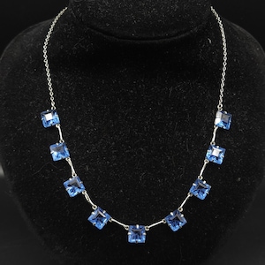 Antique 1930s Art Deco Blue Czech Open Back Glass Square Stone Riviere Necklace
