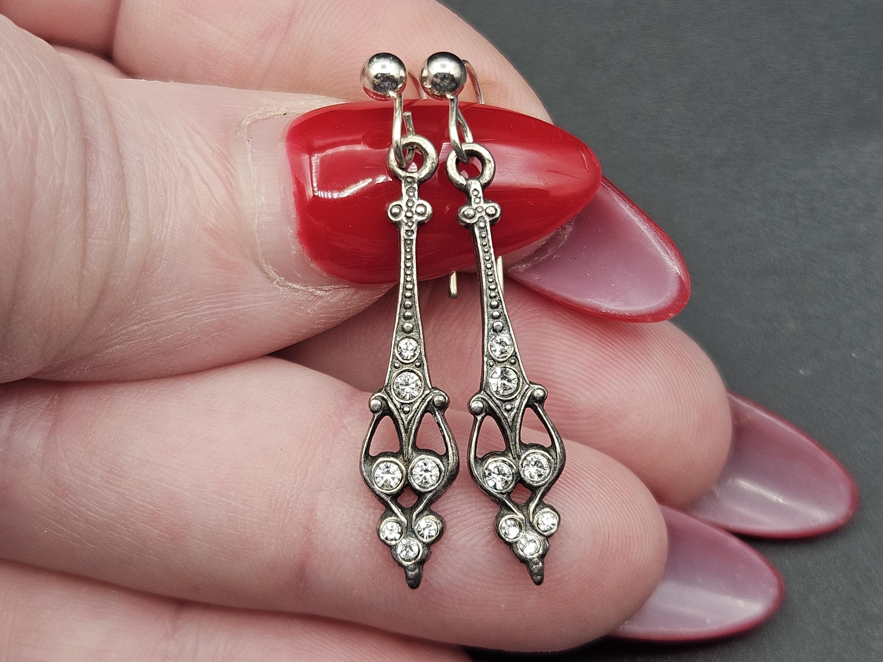 Antique Edwardian to 1930s Art Deco Sterling Silver Paste Drop Earrings