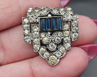 Antique Art Deco 1930s Clear & Blue Baguette Stones Paste Dress Clip American? High End