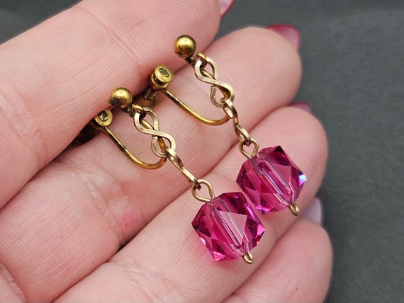 Antique Edwardian Rolled Gold Bright Pink Glass D… - image 2