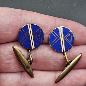 Antique 1930s Art Deco Round Blue Enamel Goldtone Gilt Bar Linked Cufflinks