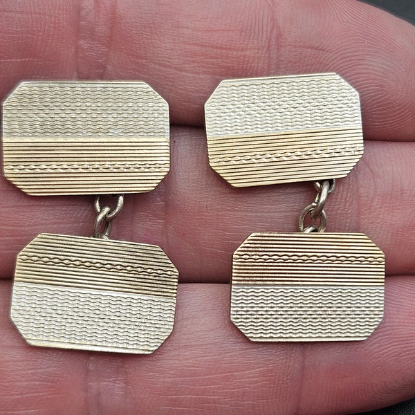 Antique Edwardian to 1920s Art Deco 9ct Gold on Silver Engine Turned Engraved Two Colour Chain Linked Cufflinks Double Ended 6.7g